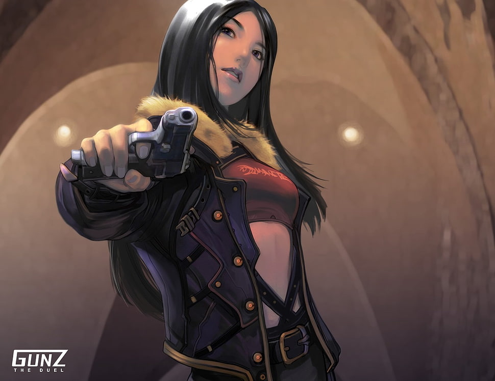 female anime character in black jacket holding pistol HD wallpaper