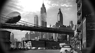 grayscale photo of Eiffel Tower, city, zeplin, monochrome, cityscape