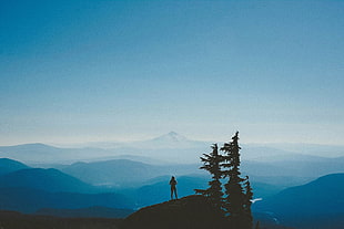 silhouette photo of person on mountain, mountains, blue, sky, nature HD wallpaper