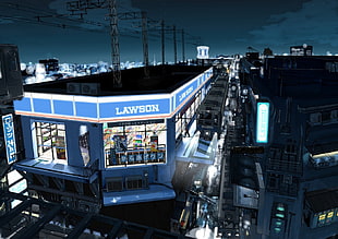 blue Lawson building wallpaper, night, city, anime HD wallpaper