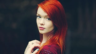 red haired woman in red top HD wallpaper