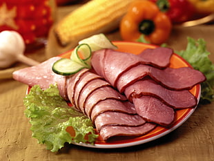 plate of ham with cabbage HD wallpaper