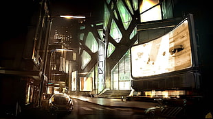 brown wooden framed glass top table, cyberpunk, Deus Ex: Human Revolution, concept art HD wallpaper