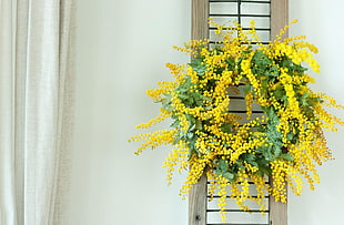 green and yellow beaded wreath near white curtain HD wallpaper