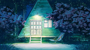house and trees illustration, bicycle, hammocks, trees, triangle HD wallpaper