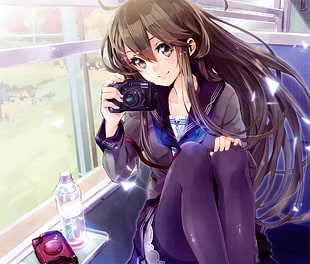 female anime character holding camera digital wallpaper HD wallpaper