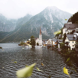 white and black concrete building, Hallstatt, village, house, church