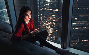 women's red shirt and black leggings, Ivan Gorokhov, night, window sill, women