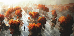 red leafed trees illustration, concept art, landscape, animated movies, dragon HD wallpaper