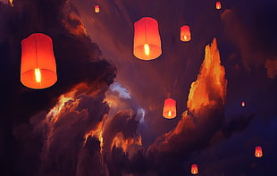 outdoor lantern artwork, lantern, sky lanterns, clouds, artwork HD wallpaper