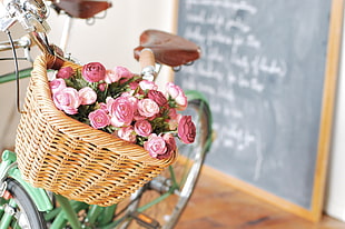 pink roses in brown basket HD wallpaper