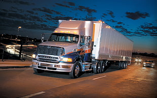 silver freight truck, trucks, Truck, road, traffic HD wallpaper