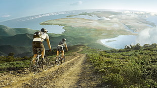 woman and man riding bikes going downhill HD wallpaper