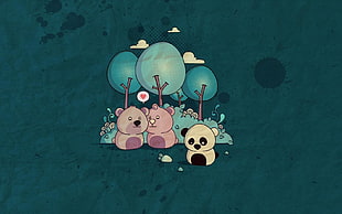 two bears standing near on trees with panda bear illustration HD wallpaper