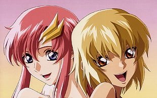 two female anime characters smiling HD wallpaper