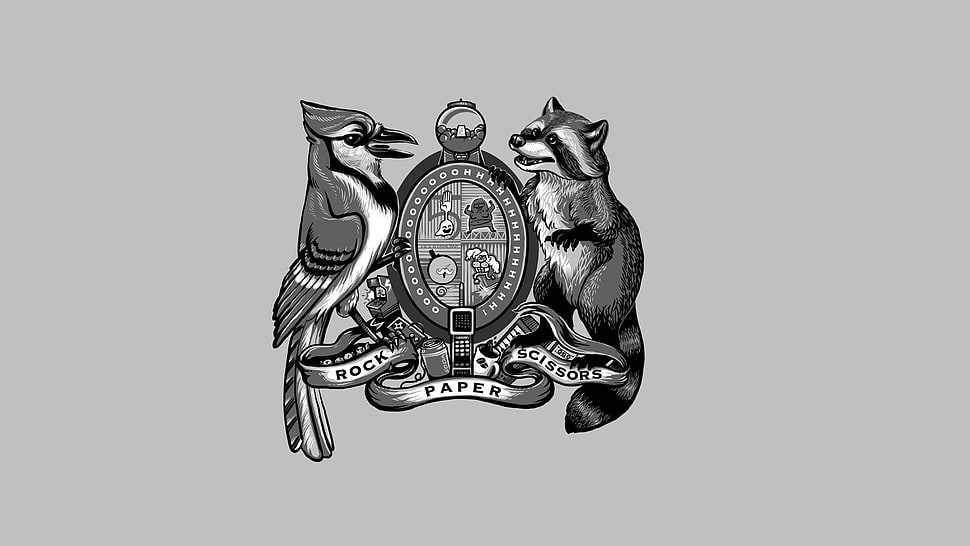 gray bird and gray racoon logo, crest, Regular Show HD wallpaper