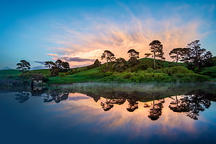 green trees and hill, sunset, lake, landscape, nature