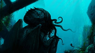 black octopus wallpaper, Cthulhu, fantasy art, divers, creature HD wallpaper