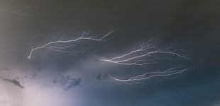 white lightning bolts, landscape, storm, long exposure, sky HD wallpaper