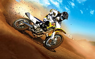yellow and white motocross dirt bike, motocross, Suzuki, motorsports, racing HD wallpaper