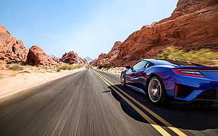 blue luxury car, Acura NSX, road, motion blur, car HD wallpaper