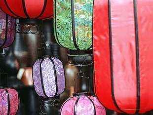 assorted color hanging lanterns with black metal frame HD wallpaper