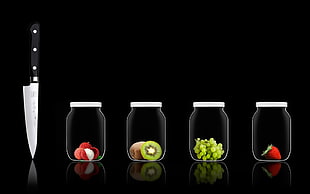 stainless steel knife with black handle, jars, fruit, knife, kiwi (fruit) HD wallpaper