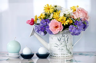 colored flowers on white flower vas HD wallpaper