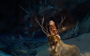 falling star illustration, deer, bell, lantern, shooting stars HD wallpaper