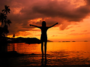 silhouette photo of woman on sea shore