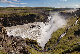 waterfalls and grass field, nature, Iceland, gullfoss, landscape