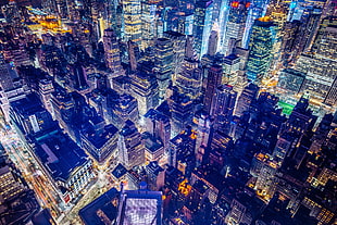 aerial photography of buildings, city, building, lights, night