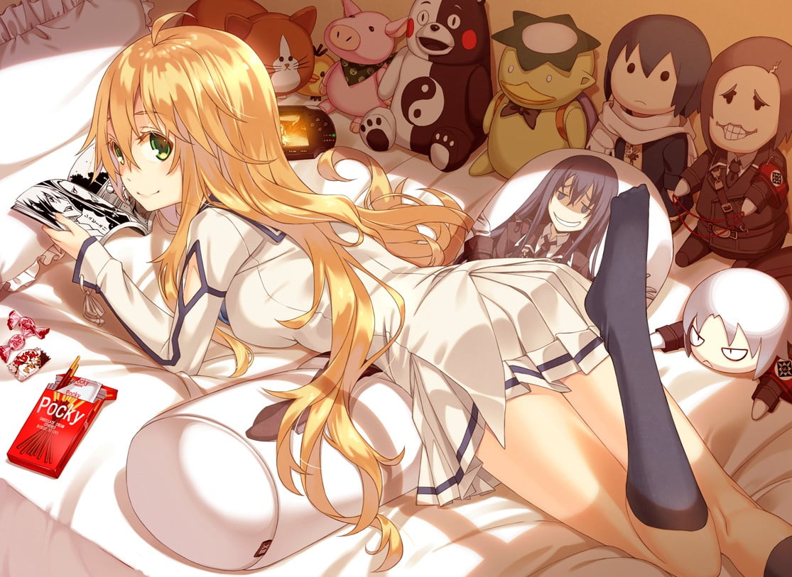 Female anime character lying on bed reading manga, Dies Irae, bed, school  uniform, blonde HD wallpaper | Wallpaper Flare