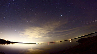 body of water, sky, horizon, clouds, night