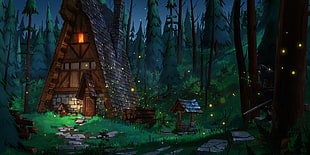 brown house digital art, illustration, artwork, forest HD wallpaper