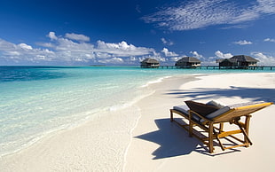 brown wooden lounge chair, Maldives, beach, sea, nature HD wallpaper