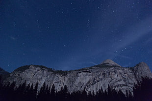 white rock mountain, stars, mountains, forest, night sky HD wallpaper