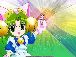 female anime character with green hair and bells HD wallpaper