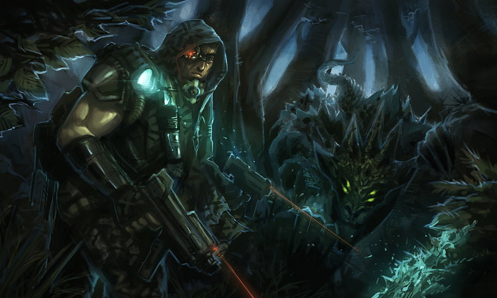 green and black game poster, artwork, fantasy art HD wallpaper