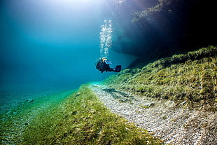 diver using oxygen regulator, Grüner See, underwater, lake, divers HD wallpaper