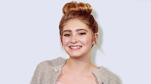 woman in gray top with bun hair HD wallpaper