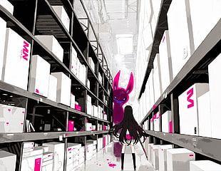girl between pallet rack with pink monster anime wallpaper HD wallpaper