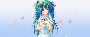 blue haired girl wearing white dress anime character illustration