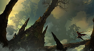 person approaching a tree digital wallpaper, fantasy art, warrior, running, trees