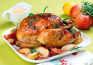 roasted chicken on white ceramic tray HD wallpaper