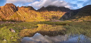 body of water near mountains