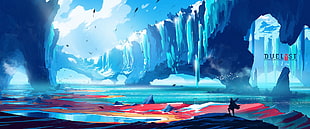 body of water near mountain illustration HD wallpaper