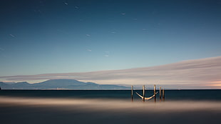 body of water and mountains, sky, landscape, hammocks, stars HD wallpaper