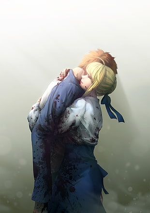 female and male anime characters hugging illustration, Fate Series, Fate/Stay Night, Shirou Emiya, Saber HD wallpaper