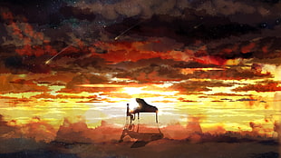 silhouette of pianist, piano, sky, stars HD wallpaper
